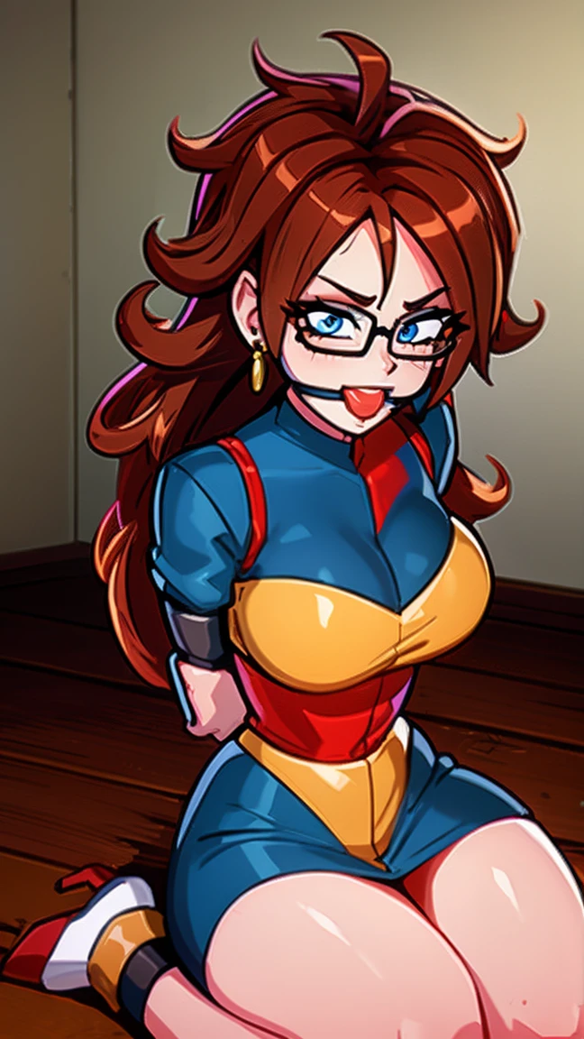 Android 21, Vomi, 1girl, android 21, jewelry, solo, glasses, earrings, long hair, dress, checkered clothes, hoop earrings, brown hair, ring, checkered dress, blue eyes, breasts, looking at viewer, medium breasts, curly hair, gagged, bondage shibari, manos y brazos atados, bdsm, Arms tied behind the back, arms behind the back, Arms tied behind the back, muslos atados, patas atadas, Gagged, bound arms, arms behind back, de frente, Ball Gag, bdsm,bondage, gagged, sitting position, Kneeling position, in the room, ball gag color roja, gag de correas, viendo hacia el espectador, looking towards the camera, shrimp position, babear, babeando, saliva en la gag, basement, sonrojada, gargantilla bdsm