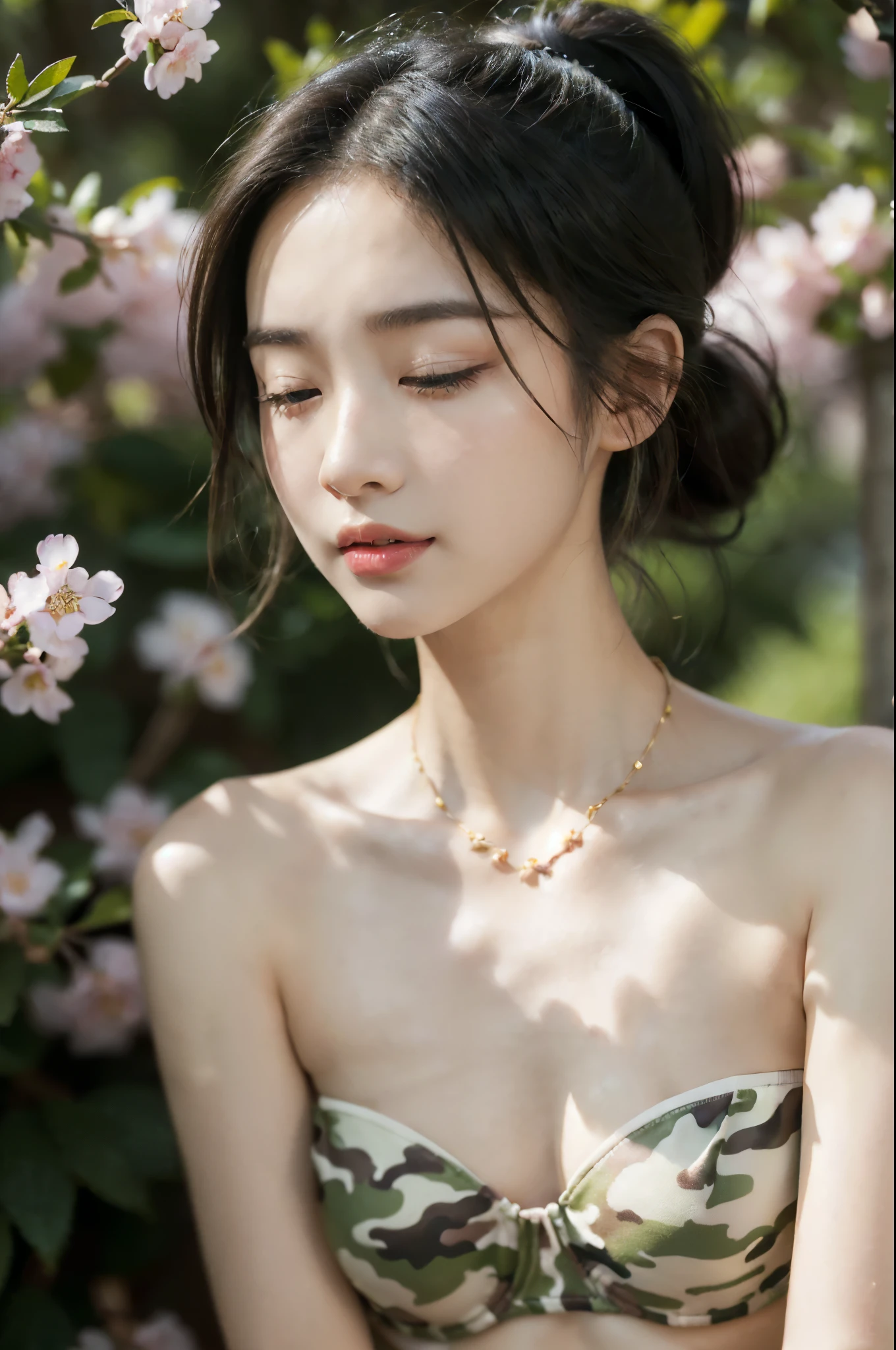 ((((8k))),((Extremely meticulous CG)) ,(wallpaper),16k,((Extremely refined and beautiful)),(((Masterpiece))),(((best qualtiy))),(((Ultra High Resolution))),beautiful light up,Perfect lightning,realistic shaded,((high resolution)),(Smooth and flawless fair skin:1.5),(pale skin:1.3),(Extremely exquisite facial details:1.2),(perfect body:1.1),(ultra-detailed),((A beautiful girl,solo)),(small head:1.2),(short ponytail:1.3),(small face:1.2),(baby face:1.3),(Exquisite makeup:1.2),(close eyes:1.5),(open mouth:1.5),(blush:1.3),(necklace:1.2),(small breasts:1.2),(flat chests:1.2),((slim,thin)),(laughing:1.2),(happy:1.2),(day scene:1.3),(bright sunshine:1.3),(outdoor:1.2),(early spring:1.3),(on the mountain:1.3),(detailed background:1.5),(standing:1.3),(close-up of face:1.3),(from front:1.3),(strapless Green camouflage bra:1.5),(cherry blossoms:1.3),
