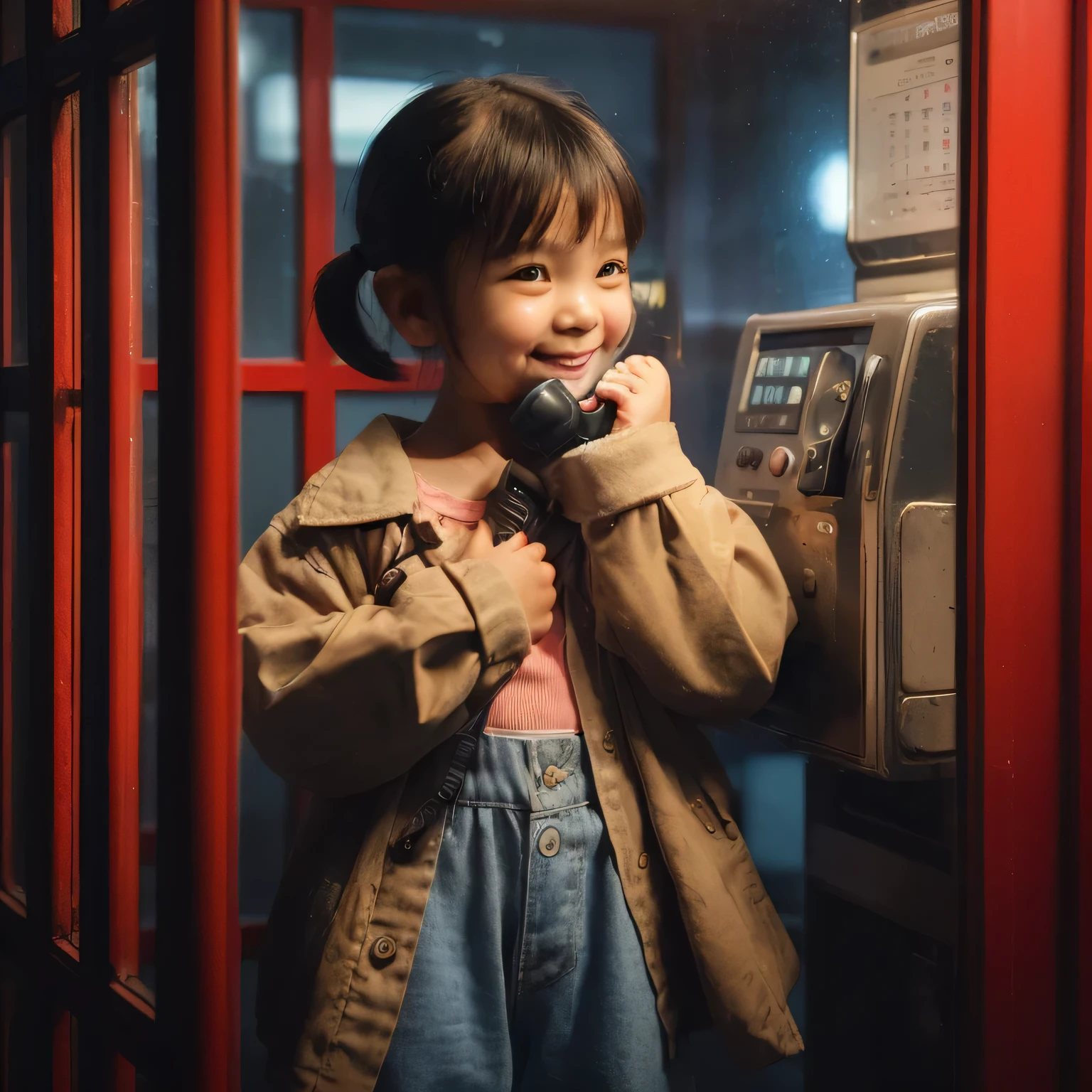 full body, 3.5 years old Asian girl with short pony hair wearing casual clothes, standing stiffly behind the glass door of a red telephone box, daydreaming with old telephone machine and the telephone receiver to his ear, dark background with soft light bias from the side, best angle, dark night atmosphere, cinematic images, professional photo shoots, promotional images, smile faces looking at the camera