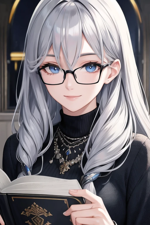 (((Two dimensions)))(((gray hair)))blue eyes, Glasses, black sweater, Book, smile, Sparkling, silvery, woman, Low intervertebral lamina, sunlight, coiled hair, long hair highly detailed,{highest quality}, {{masterpiece}}, {High resolution}, original, Highly detailed 8K wallpaper,masterpiece, highest quality, figure, beautiful detailed eyes, cinematic lighting,