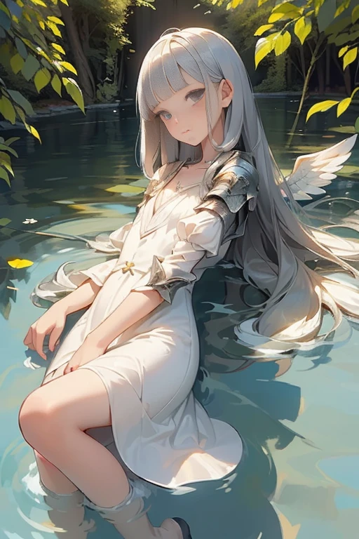 (Angel wings), ((armored dress)), (Small chest:1.1), (Silver long hair:1.3, short bangs), Teenage girl in water surrounded by string, (Baby face:1.1, Neat face, Fairer skin), thighs, A translucent white cloth is wrapped around the body, the_string, Full body shot, (Photorealistic: 1.4), (Highly detailed), (high resolution), (Best quality), (masterpiece)