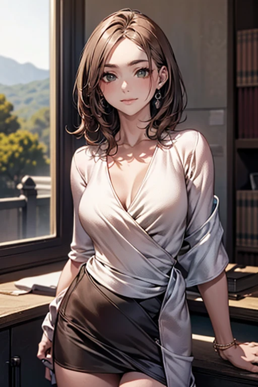 (masterpiece:1.2, highest quality), (realistic, photorealistic:1.4), beautiful illustrations, (natural side lighting, movie lighting), 
looking at the viewer, face focus, Upper body, 1 female, Japanese, perfect face, perfect body, Cute symmetrical face, shiny skin, baby face, medium breasts:1.4
((medium hair:1.4, light brown hair)), hair between eyes, emerald green eyes, seductive thighs, thin, 
beautiful hair, beautiful face, thin and beautiful eyes, beautiful clavicle, beautiful body, beautiful breasts, beautiful thighs, beautiful feet, beautiful fingers, 
(((wrap:1.7), black tight skirt)), 
(beautiful scenery), evening, (office), Are standing, (cute smile, Upper grade),