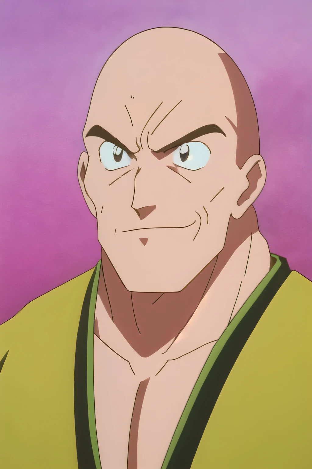 anime style, masterpiece, best quality, 1boy,, upper body, bald, smirk th3r0ck, RocksEyebrowRaise, raised eyebrow, thick eyebrows,, anime screencap, 1990s_\(style\),solo,
