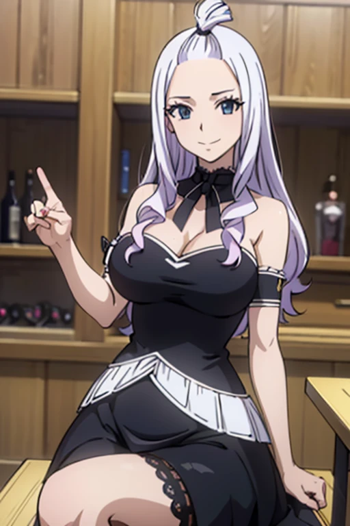 (best quality,4k,8k,highres,masterpiece:1.2),ultra-detailed,realistic,photorealistic:1.37, mirajane Strauss with a beautiful smile wearing a sexy black dress
