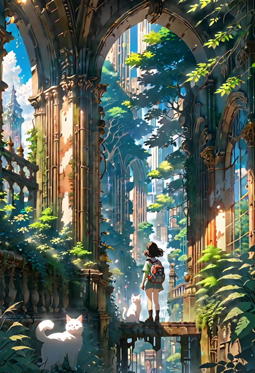 (8K、Raw photo、highest quality、look up:1.2、masterpiece:1.2、genuineistic、ultra high resolution、high contrast、photon mapping、genuine、Super detailed、official art, Raw photo、professional lighting、 light、Vivid atmosphere、twicelight) This anime scene、While having the atmosphere of a work directed by Makoto Shinkai,、Expresses a post-apocalyptic worldview。A girl with a backpack looking at the city skyline from the forest、It is reminiscent of emotional scenes like Makoto Shinkai's works.。 High-rise buildings in the city are covered with trees from the walls and windows々pops out、The building is covered like a lush jungle.、It depicts a futuristic landscape where nature and the city are fused.。A city bathed in bright sunlight、It suggests a bright and hopeful future.。 A girl trying to enter a building in the city、It symbolizes young people trying to break out into society.。and、The pure white cat that is nestled next to me、As a familiar presence、Watching the girl's journey。 This scene is、I am drawing a post-apocalyptic animation with a unique world view.。