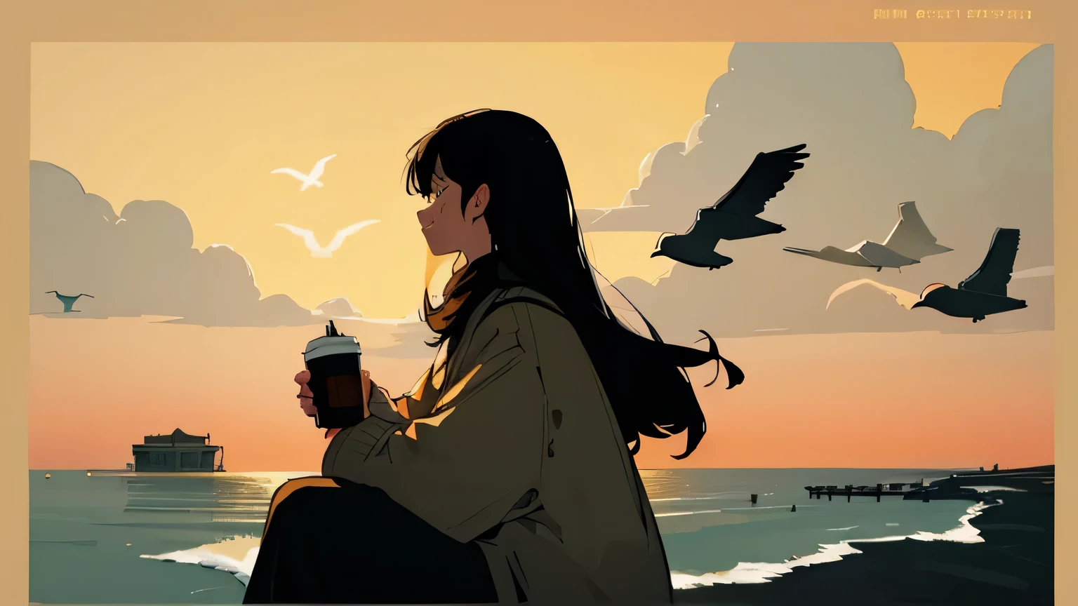 A 20-year-old black-haired woman in a good mood, warm clothes、Calm、Gentle light、black background、coffee、head shot、lo-fi illustration、a relaxing sight、Woman in sweater、Spring beach、horizon、golden hour、seagulls flying far away