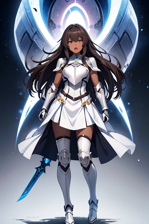 anime picture、Full body portrait、A 34-year-old dark-skinned woman, about 160cm tall.、Futuristic science fiction white armor、have a sword、screaming with open mouth、Brown semi-long hair、Breastplate、gloves、arm guard、Leggers、shoulder armor、boots
