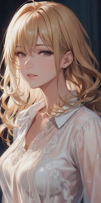 portrait, elegant adult woman, brown eyes, long hair, swept side bangs, transparent dress, see through dress, 4K resolution, High quality CG, beautiful