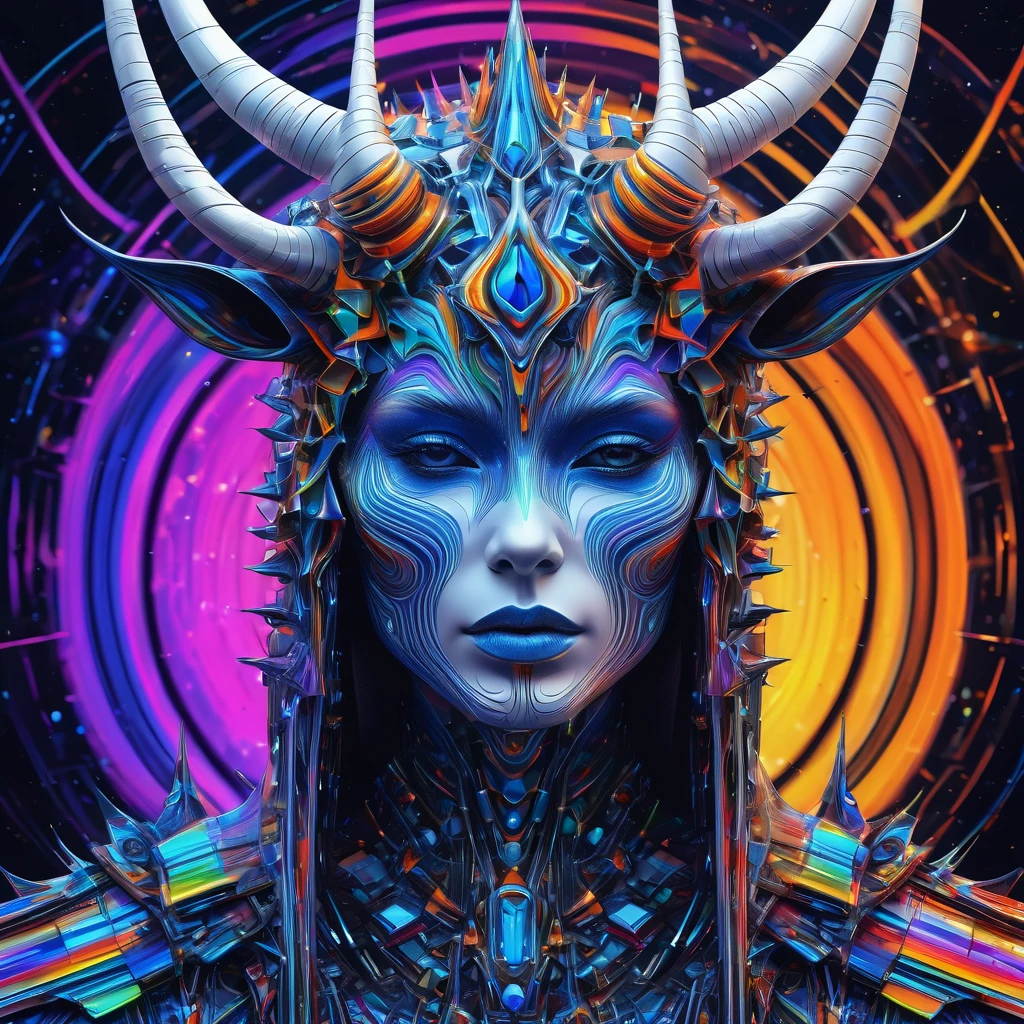 Detailed Surrealism Drawing Darkness In The Grace Of Glitching Elements FX Rainbow,. Creepy Sith Horned In White, Blue, Orange,. Background of the geometric mechanical position. Thorny,. Perfect Texture,. Distortion,. Glossy Profile,. HyperRealistic. HD 8K,. Fractals