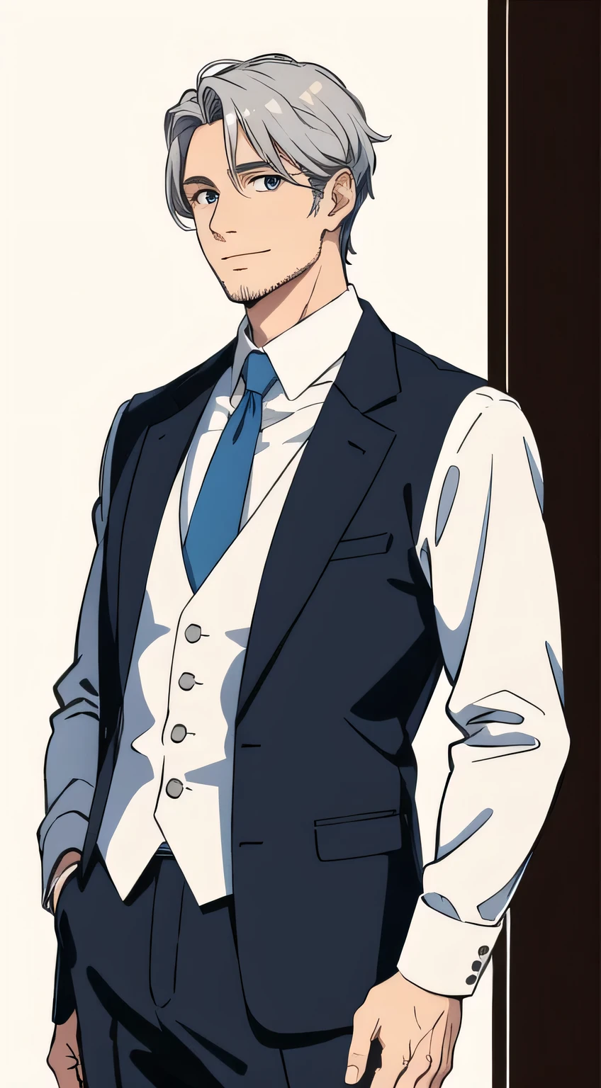 (highest quality, masterpiece,front), 1 male, 40 years old, wonderful, a handsome guy, gentle smile, silver hair,gentleman,Standing picture,
