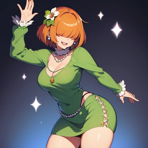 ,High quality,Female ,((hair covering eyes,fluffy hair,short hair,Teeth,smiling,(breasts),solo,orange hair,toned,Earrings,Curvy legs,2 arms, Pearl Necklace,side park,looking back,She has a flower in her hair,Green Sweater,pink stockings 