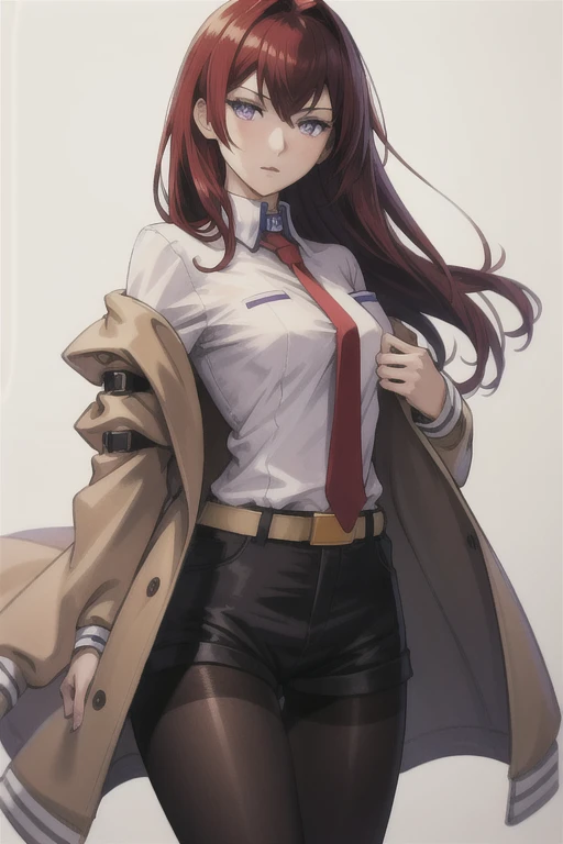 (masterpiece, highest quality),  intricate details,
1 girl,  
 kurisu makise, hair between eyes, hair on shoulders, long hair, (purple eyes:1.1), redhead, straight hair,, black pantyhose, black shorts, brown coat, coat, collared shirt, long sleeve, tie, pantyhose, pantyhose under shorts, shirt, short shorts, shorts, sleeves go over wrists, white shirt, wing collar,