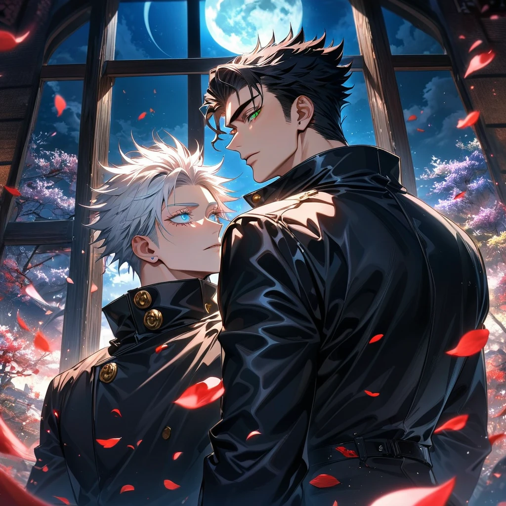 (absurdres, highres, ultra detailed, HDR), master piece, best quality, Gojo Satoru, white hair with bangs, white eyelashes, vibrant blue eyes, Jujutsu kaisen, Jotaro Kujo, black hair, vibrant green eyes, 2men together, gay, handsome, black leather coat, moon, petals, window