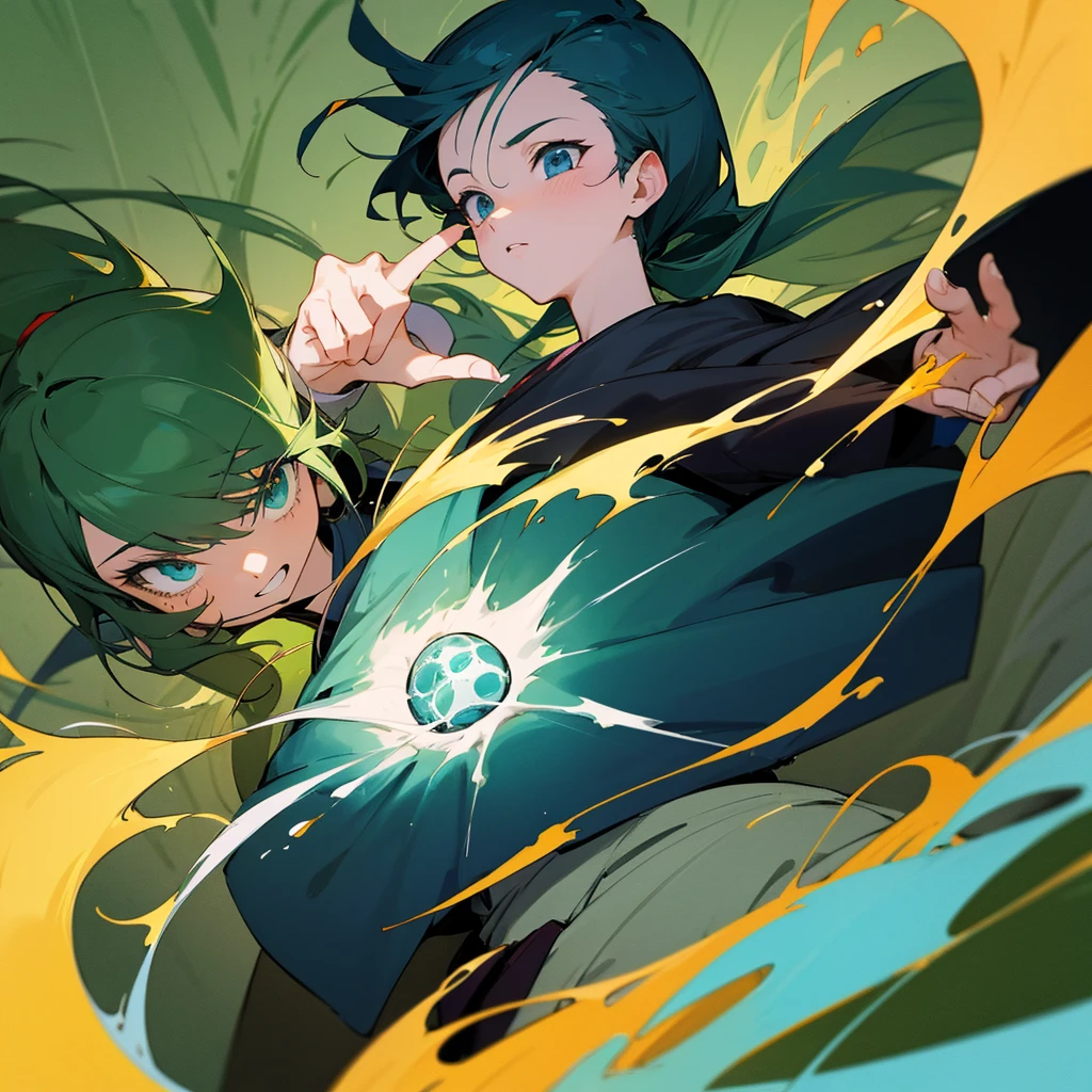 Poster anime fundo verde e personagem da escola de magia
