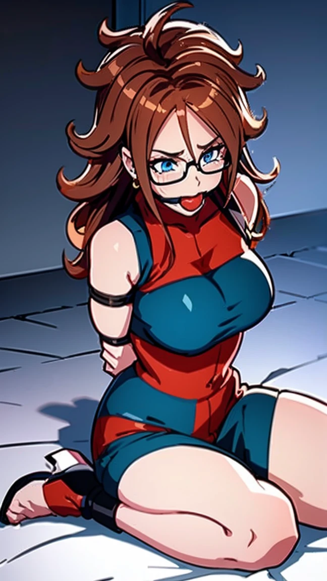 Android 21, Vomi, 1girl, android 21, jewelry, solo, glasses, earrings, long hair, dress, checkered clothes, hoop earrings, brown hair, ring, checkered dress, blue eyes, breasts, looking at viewer, medium breasts, curly hair, gagged, bondage shibari, manos y brazos atados, bdsm, Arms tied behind the back, arms behind the back, Arms tied behind the back, muslos atados, patas atadas, Gagged, bound arms, arms behind back, de frente, Ball Gag, bdsm,bondage, gagged, sitting position, Kneeling position, in the room, ball gag color roja, gag de correas, viendo hacia el espectador, looking towards the camera, shrimp position, babear, babeando, saliva en la gag, basement, sonrojada, gargantilla bdsm