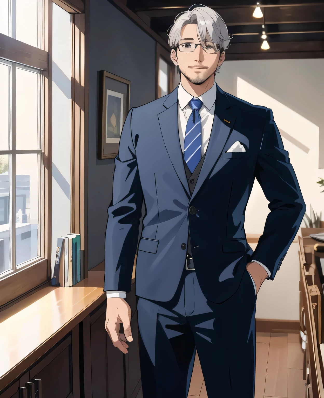 (highest quality, masterpiece，front), Glasses, 1 male, 40 years old, wonderful, a handsome guy, gentle smile, silver hair，gentleman，Standing picture，