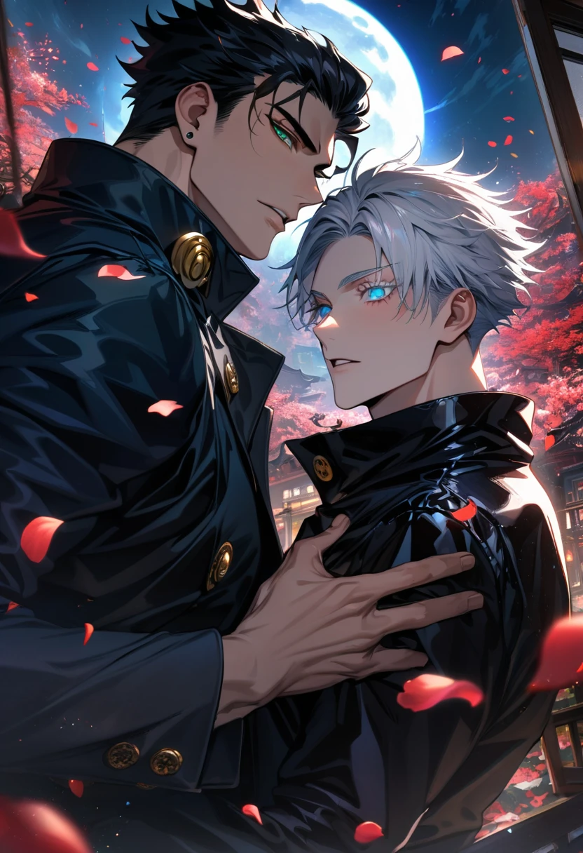 (absurdres, highres, ultra detailed, HDR), master piece, best quality, Gojo Satoru, white hair with bangs, white eyelashes, vibrant blue eyes, Jujutsu kaisen, Jotaro Kujo, black hair, vibrant green eyes, 2men together, gay, handsome, black leather coat, moon, petals, window