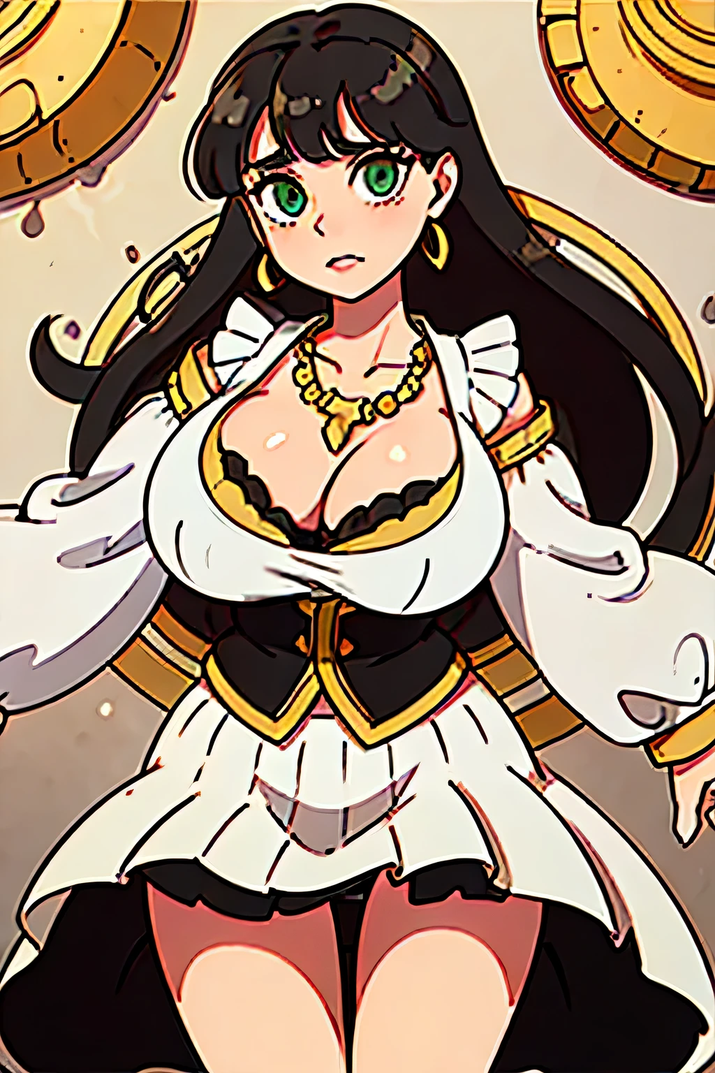 A gypsy with green eyes black hair, huge breasts, white blouse with gold medals and red skirt with ruffles, seashell necklaces.