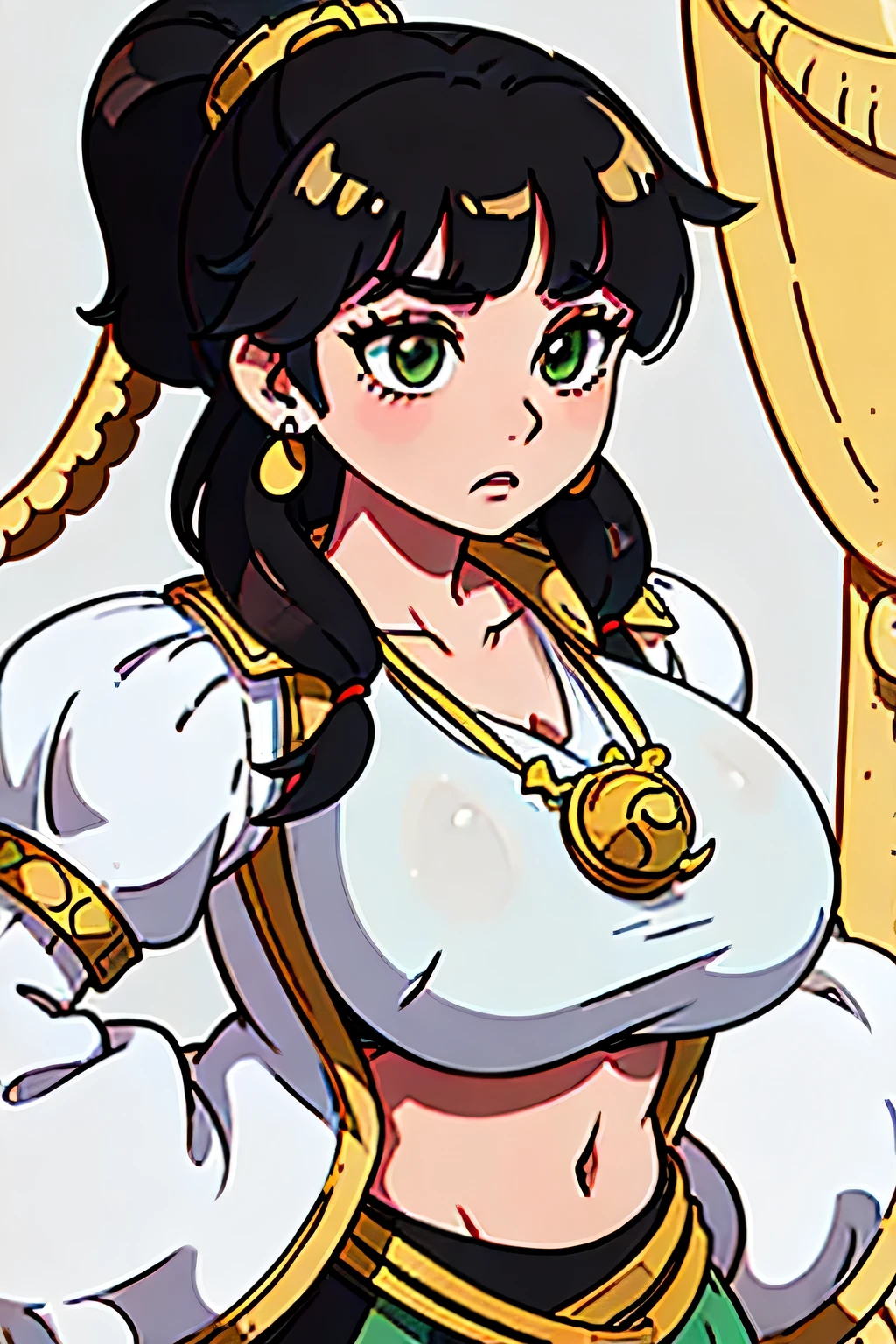 A gypsy with green eyes black hair, huge breasts, white blouse with gold medals and red skirt with ruffles, seashell necklaces.