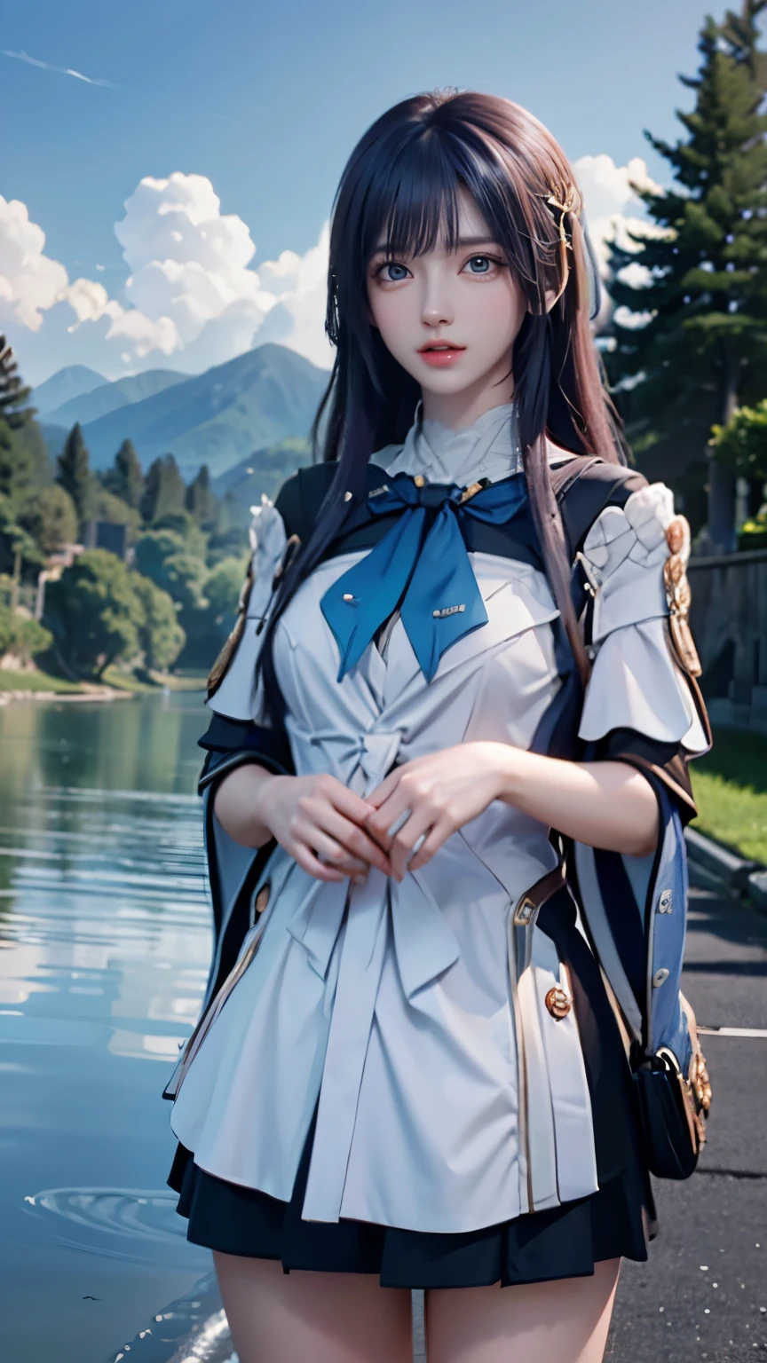 masterpiece, 最high quality, high quality, Highly detailed CG Unity 8K wallpaper, landscape, outdoor, null, cloud, null, Supermodel,beautiful girl,adorable,perfect shape,group,idol group, Mountain, landscape, water, wood, blue null, waterfall, cliff, nature, lake, river , cloudy skies, award winning photography, Bokeh, Depth of the bounds written, HDR, bloom, chromatic aberration, photorealism, very detailed, Trending with ArtStation, Trending on CGsociety, Complex, high detail, dramatic, Art on the road