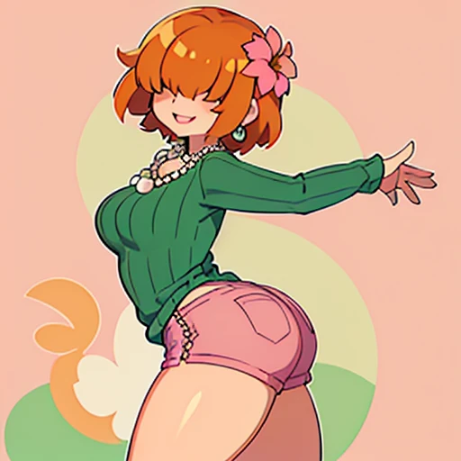 ,High quality,Female ,((hair covering eyes,fluffy hair,short hair,Teeth,smiling,(breasts),solo,orange hair,toned,Earrings,Curvy legs,2 arms, Pearl Necklace,side park,looking back,She has a flower in her hair,Green Sweater,pink stockings 