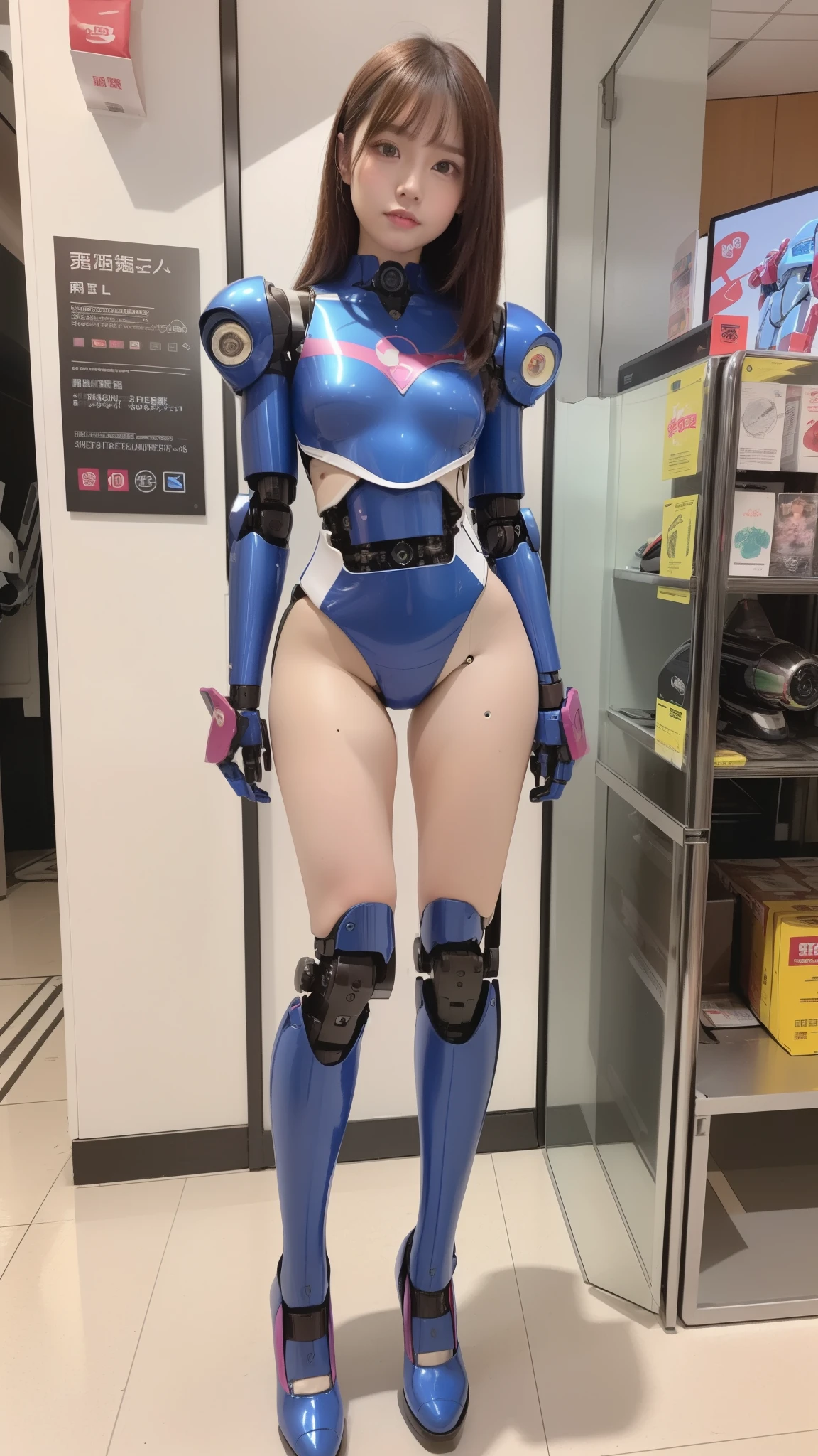(Photorealsitic:1.4)、one robot woman、(top-quality)、(hyperdetailed face)、(Super well-formed face)、(Robot Parts)、(Female-Robot)、(25 years-old)、(Blue)、(pink there)、(Burgundy)、(metallic)、(full-body)、(sexy pose)、(Slender body)、(Model body type)、(full body mech)、(mechanical exposure)、(Akihabara)、(is looking at the camera)、(A brown-haired)、(Well-proportioned body)、(a small face)、(a small head)、(well-groomed fingers)、(Idol)、(front facing)、(Standing with legs open)、(Photo session)、(Looks sad)、(perfect-female-robot)、(perfect-mechanical-body)