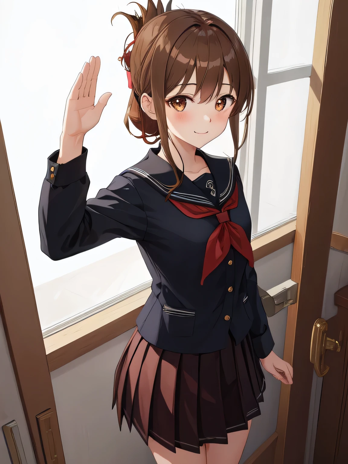 (masterpiece, highest quality:1.2),figure,8K,hd,1 girl,alone,Brown_hair,folded_ponytail,Brown_eye,serafuku,length_hair,School_uniform,skirt,pleats_skirt,smile、Are standing、facing forward、salute