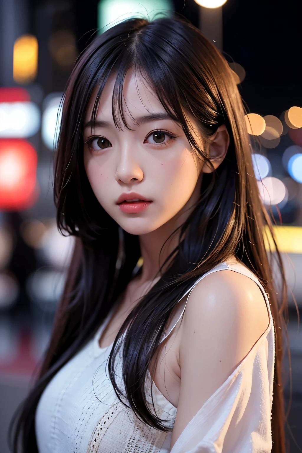 1girl, Tokyo street,night, cityscape,city lights, upper body,close-up, 8k, RAW photo, best quality, masterpiece,realistic, photo-realistic,