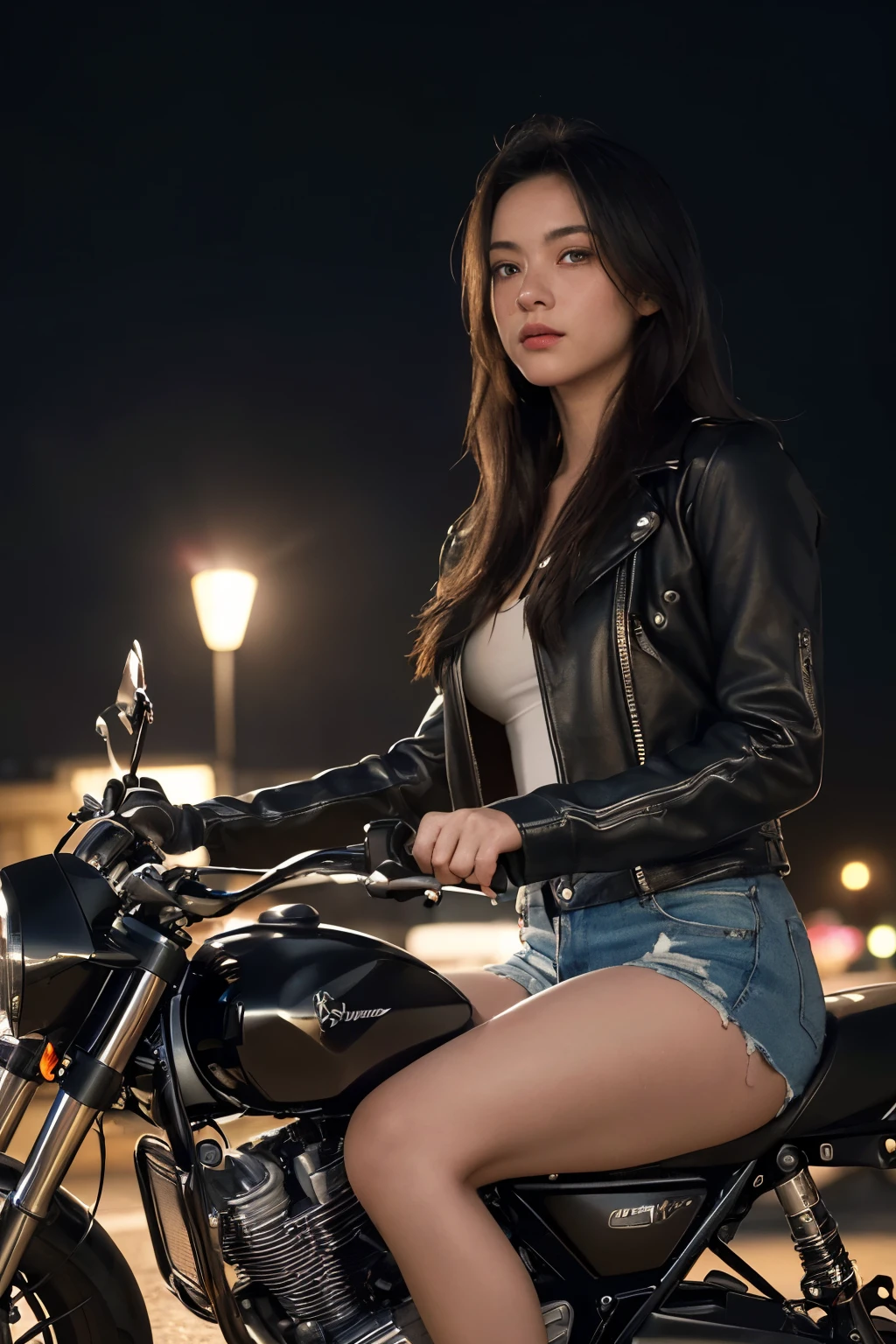 (8K, Raw photo, highest quality, masterpiece:1.3),(realistic, photo-realistic:1.37),realistic skin texture,(photorealistic:1.3),(hyperrealistic:1.2),
1 cute girl,alone,( beautiful eyes:1.2),perfect face,She is riding a motorcycle,black hair,long hair,Piloti on a South London housing estate of 10 temples on a foggy night,