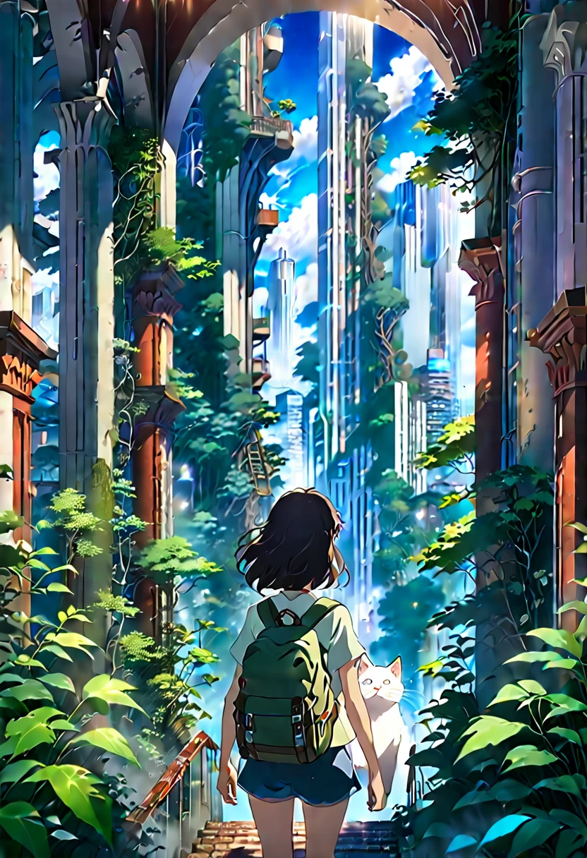 8K、Raw photo、highest quality、look up:1.2、masterpiece:1.2、genuineistic、ultra high resolution、high contrast、photon mapping、genuine、Super detailed、official art, Raw photo、professional lighting、 light、Vivid atmosphere、twicelight) This anime scene、While having the atmosphere of a work directed by Makoto Shinkai,、Expresses a post-apocalyptic worldview。A girl with a backpack looking at the city skyline from the forest、It is reminiscent of emotional scenes like Makoto Shinkai's works.。 High-rise buildings in the city are covered with trees from the walls and windows々pops out、The building is covered like a lush jungle.、It depicts a futuristic landscape where nature and the city are fused.。A city bathed in bright sunlight、It suggests a bright and hopeful future.。 A girl trying to enter a building in the city、It symbolizes young people trying to break out into society.。and、The pure white cat that is nestled next to me、As a familiar presence、Watching the girl's journey。 This scene is、I am drawing a post-apocalyptic animation with a unique world view.。