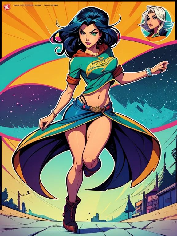 Turnaround sheet full body dynamic pose Cartoon image of a woman .cartoon style illustration, estilo de arte dos desenhos animados, estilo de arte dos desenhos animados, digital illustration style, design de personagens altamente detalhado, arte digital detalhada fofa, City fan art, Design de personagens de retrato, beautiful digital illustration, retrato de alta qualidade, Arte em quadrinhos, mulher jovem. Green eyes Medium buso and wonderful Alleyne - Queen's Blade