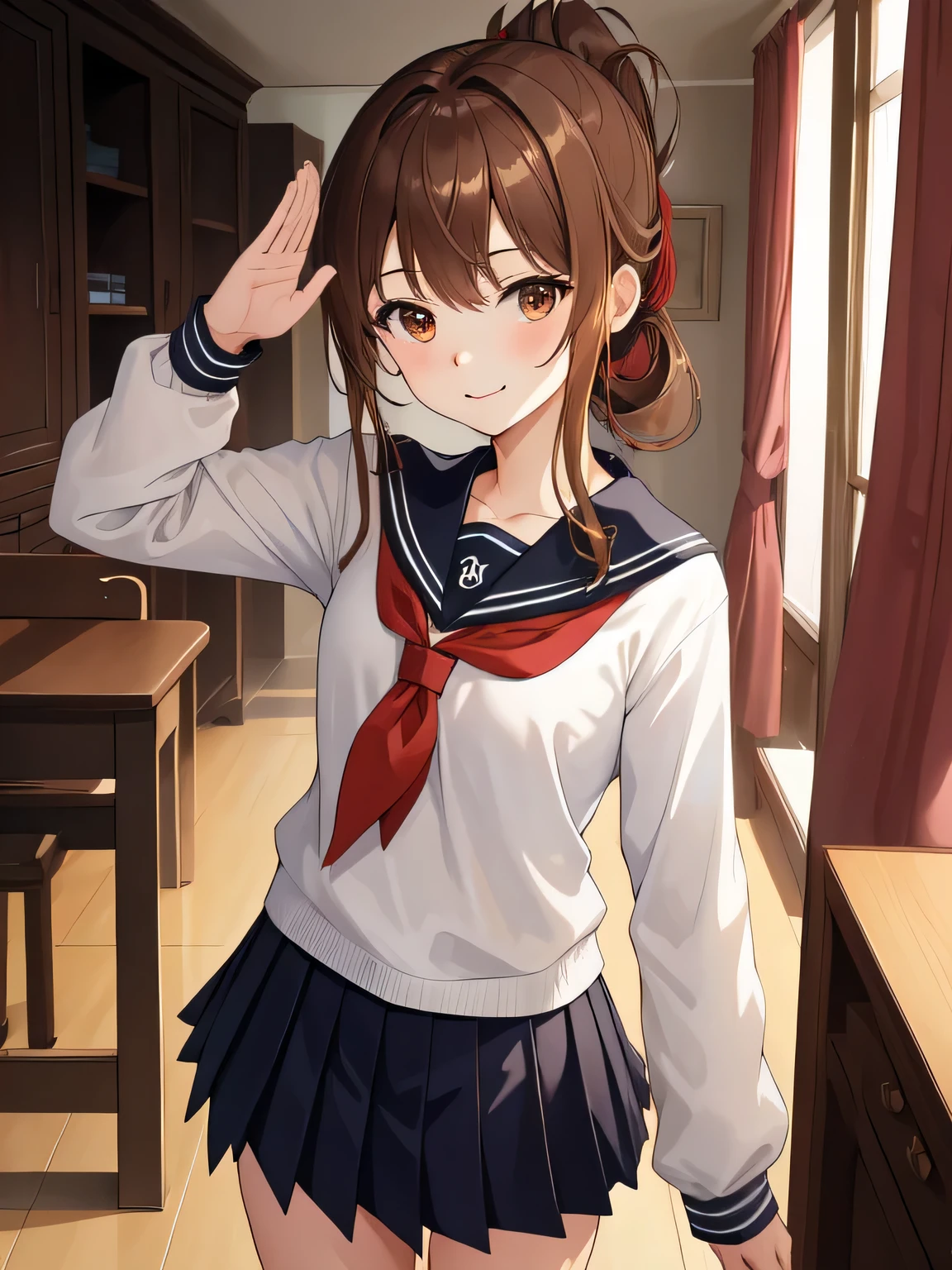 (masterpiece, highest quality:1.2),figure,8K,hd,1 girl,alone,Brown_hair,folded_ponytail,Brown_eye,serafuku,length_hair,School_uniform,skirt,pleats_skirt,smile、Are standing、facing forward、salute