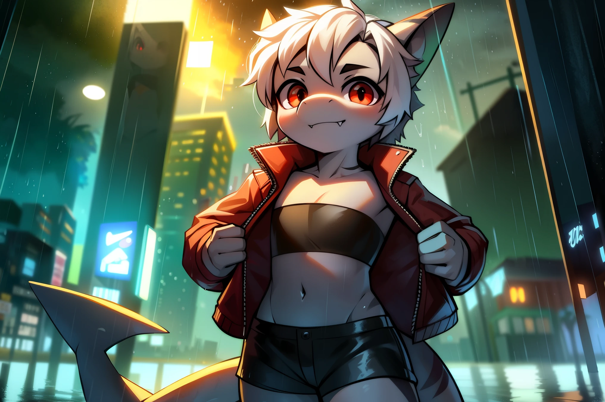 ((shark)), solo, young, ((cub)), flat chest, grey body, (short snout), red eyes, white spiky hair, fangs. shark tail, red open jacket, ((black tube top)), ((pussy)), serious, cyberpunk city background. ((raining)), (((heavy rain))), up close. Very good figure, cinematic lighting, volume lighting, masterpiece, best qualit0y