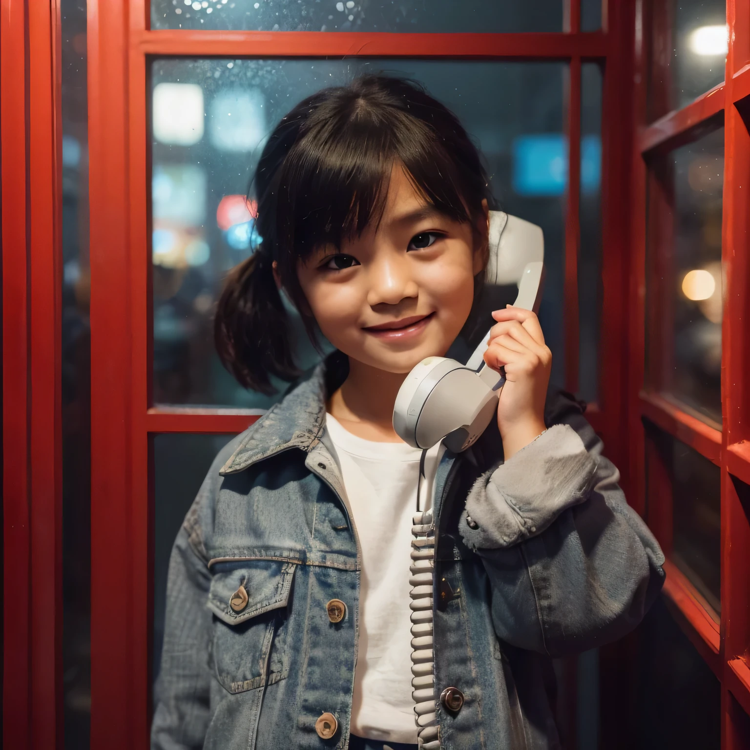 full body, Asian girl with short pony hair wearing casual clothes, standing stiffly behind the glass door of a red telephone box, daydreaming with the telephone receiver to her ear, dark background with soft light bias from the side, best angle, dark night city atmosphere, cinematic images, professional photo shoots, promotional images, smile faces looking at the camera