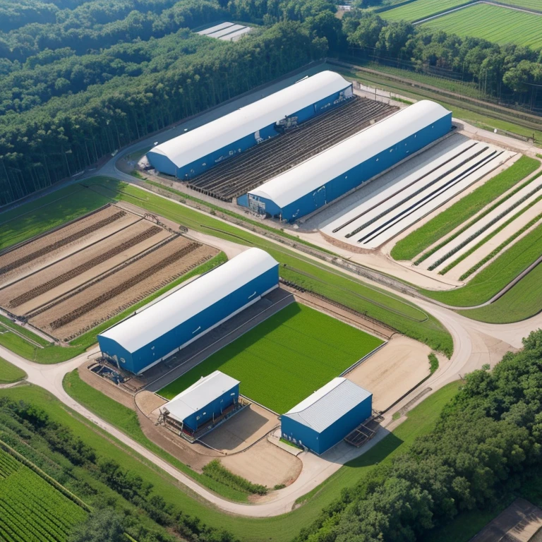 empty playground,Build a modern factory for processing rice,Rice processing can be done in the factory,5 factories,Top view renderings