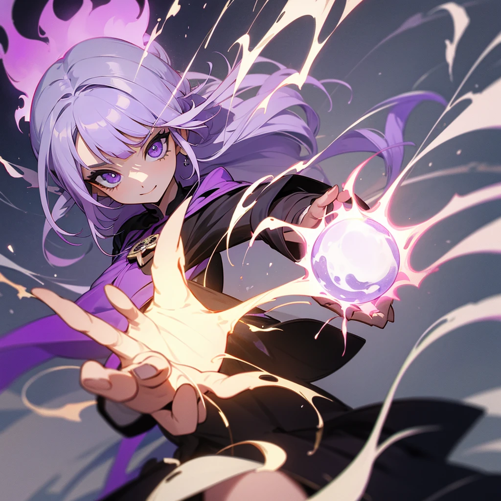 Garota de cabelo branco e olhos roxo usando poder de magia de fogo