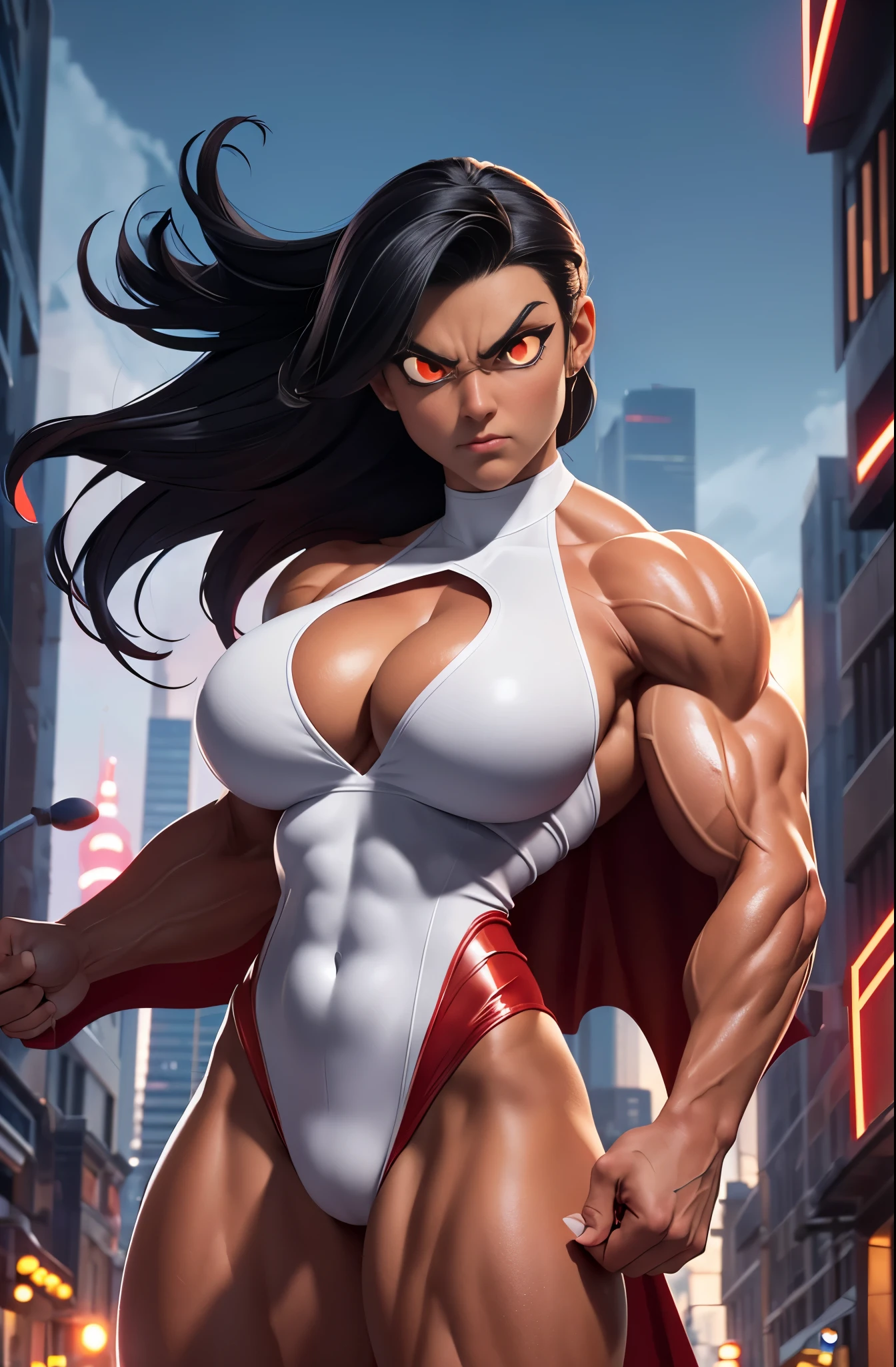 Roxanne Ritchi from MegaMind:1.3, 8k quality, digital art style, action pose. ((1girl, solo)), Giantess Super powered female bodybuilder (((hovering over a city street))), She has enormous muscles and gigantic round implant straining her top. long hair, glowing eyes, angry expression, . (((white hero costume))), (Powergirl inspired costume), (((intense red glowing eyes))). Hyper muscular. ((thick visible hypermuscular flexed powerful 8-pack abs)):1.8, hourglass (((clenched fists))), ((thick muscular arms)), ((huge biceps)), ((huge abdominals)), ((pectorals)), detailed pupils, cute, gorgeous,.. Hyper wide broad shoulders. Glowing eyes. (she's wearing a microbikini ), ((tall)), full body, no cape, intense, imposing, sexy, ((((huge muscles)))),