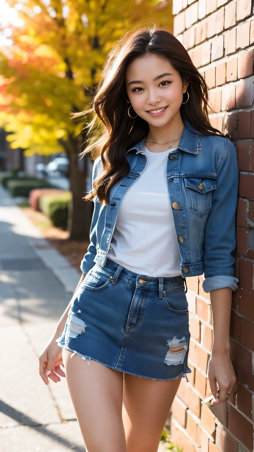 Realistic body shot photo of a 20-year-old Swedish woman, radiantly smiling as she walks towards the camera in a collegiate outfit. This glamour photoshoot takes place on a college campus, surrounded by autumn foliage and vintage brick buildings. Her perfect butt is accentuated by the fashionable denim skirt she wears, complementing her fit and toned physique. The beautiful face of this young woman is perfectly framed as she looks directly into the lens, her expressive eyes enhanced by intricate eye makeup. Her highly detailed, glowing skin shines under the subtle, natural light, giving the image a raw, analog style that exudes an award-winning, high-quality