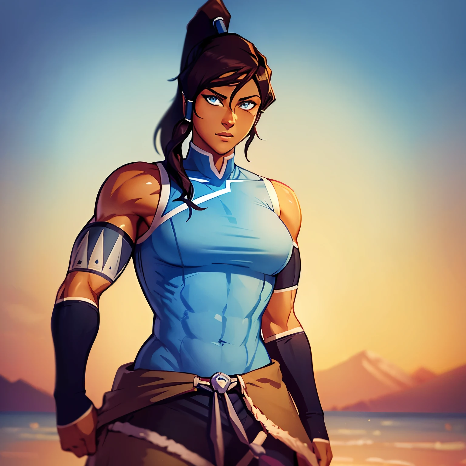 korra, dark skin, dark-skinned female, ponytail, muscular female, high quality, detailed, high resolution, masterpiece, anatomically correct,