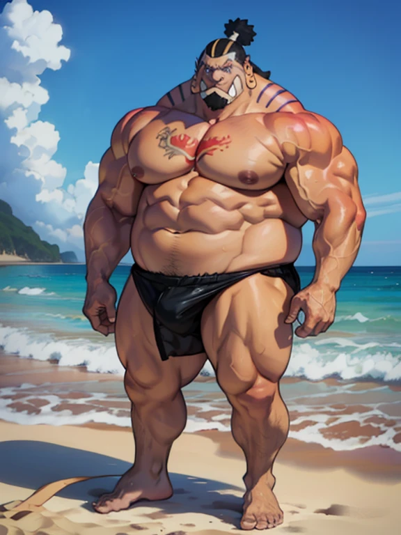 chubby man (jinbei) standing in beach, blue skin, muscular, chest tattoo, beach, palm, realistic, 8k, masterpice, (shirtless, naked topless.)