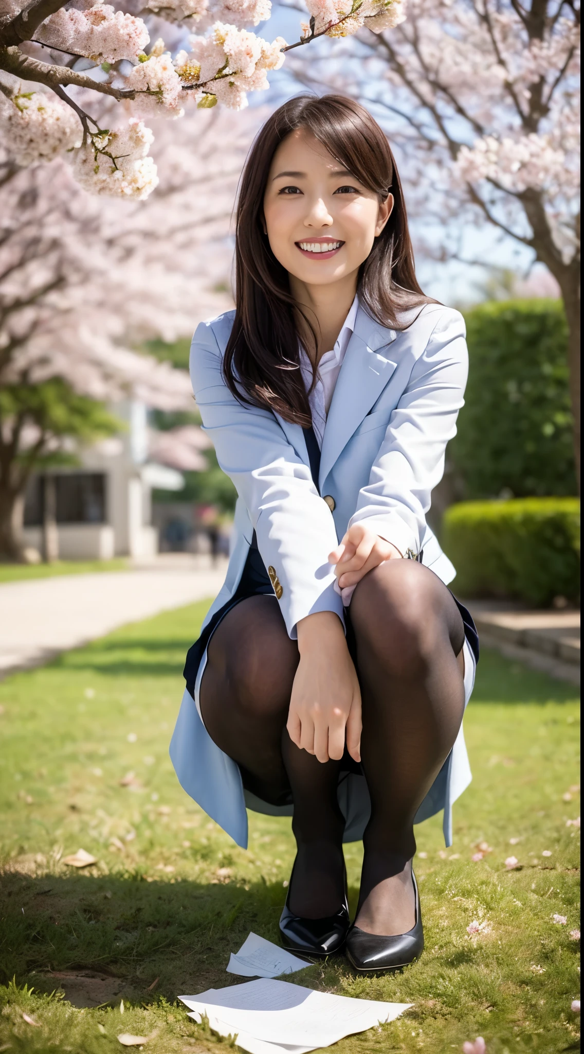 highest quality, masterpiece, ultra high resolution, (realistic: 1.5), RAW photo, professional photography, (1 female), beautiful, wonderful face and eyes, compensate, (Very detailed beautiful face), enchanting smile, beautiful white teeth, brown hair, (Japanese_girl:1.3), (suit, business shirt, mini skirt:1.2), (pantyhose,:1.3), (Fallen documents are scattered on the floor:1.2), (Pick up documents:1.3), (squat down:1.2), (spread your legs:0.8), (view from below:1.2), under the cherry tree, cherry blossom background, Natural light, sunshine,