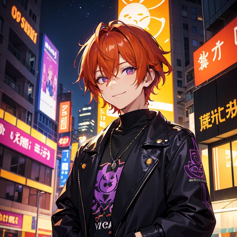 masterpiece, best quality, night, city, neon lights, looking at viewer, upper body, 1male, purple and orange hair, short hair, hair over one eye, male hair, purple and orange eyes, purple and orange coat, smile
