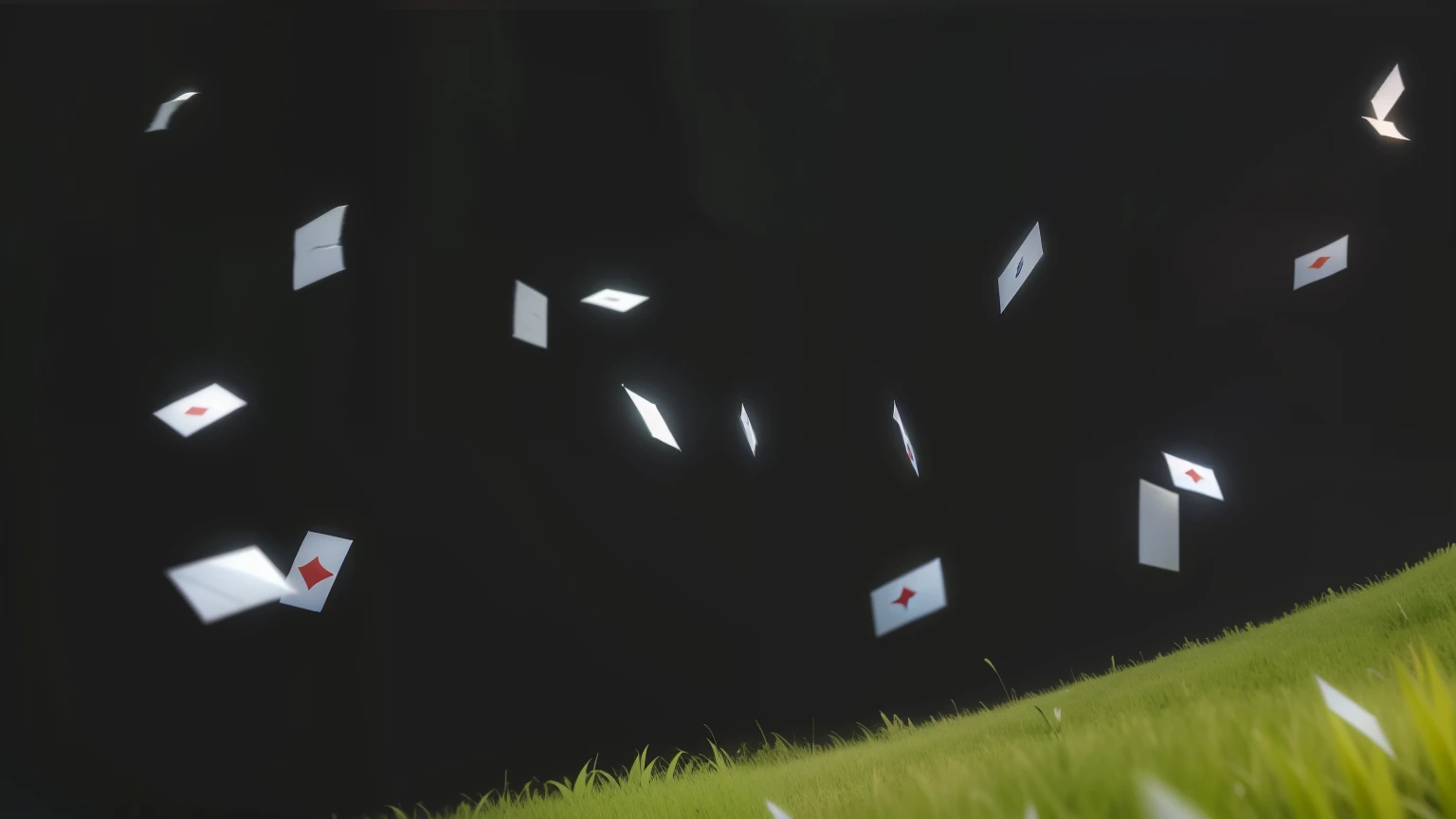 Arafis flying envelopes over grassy hills, video static, Feishu, diagonal spell visual effects, animation stills, Throw the envelope into the air, Takato Yamamoto. 4k, Envelopes flying around, flying particles, animation stills screencap, inspired by El Lissitzky, animation style rendering, object levitating, 4D cinema rendering