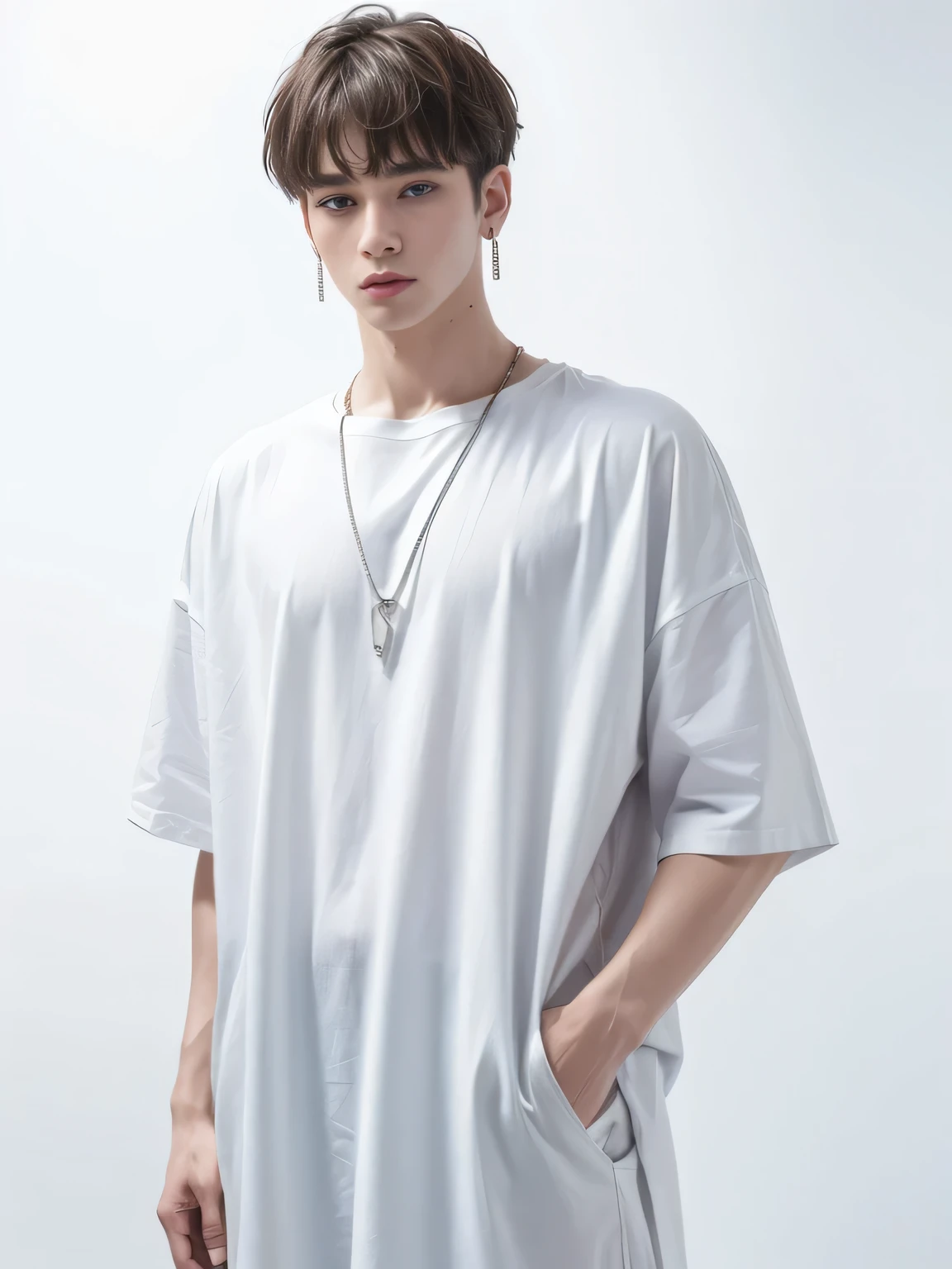 (8K, highest quality, High resolution, masterpiece :1.3), (white background), stylish, hisense, fashion, handsome man, long contour, long slit eyes, silver short hair, oversized clothes, baggy clothes, Upper body, earrings, graphic design