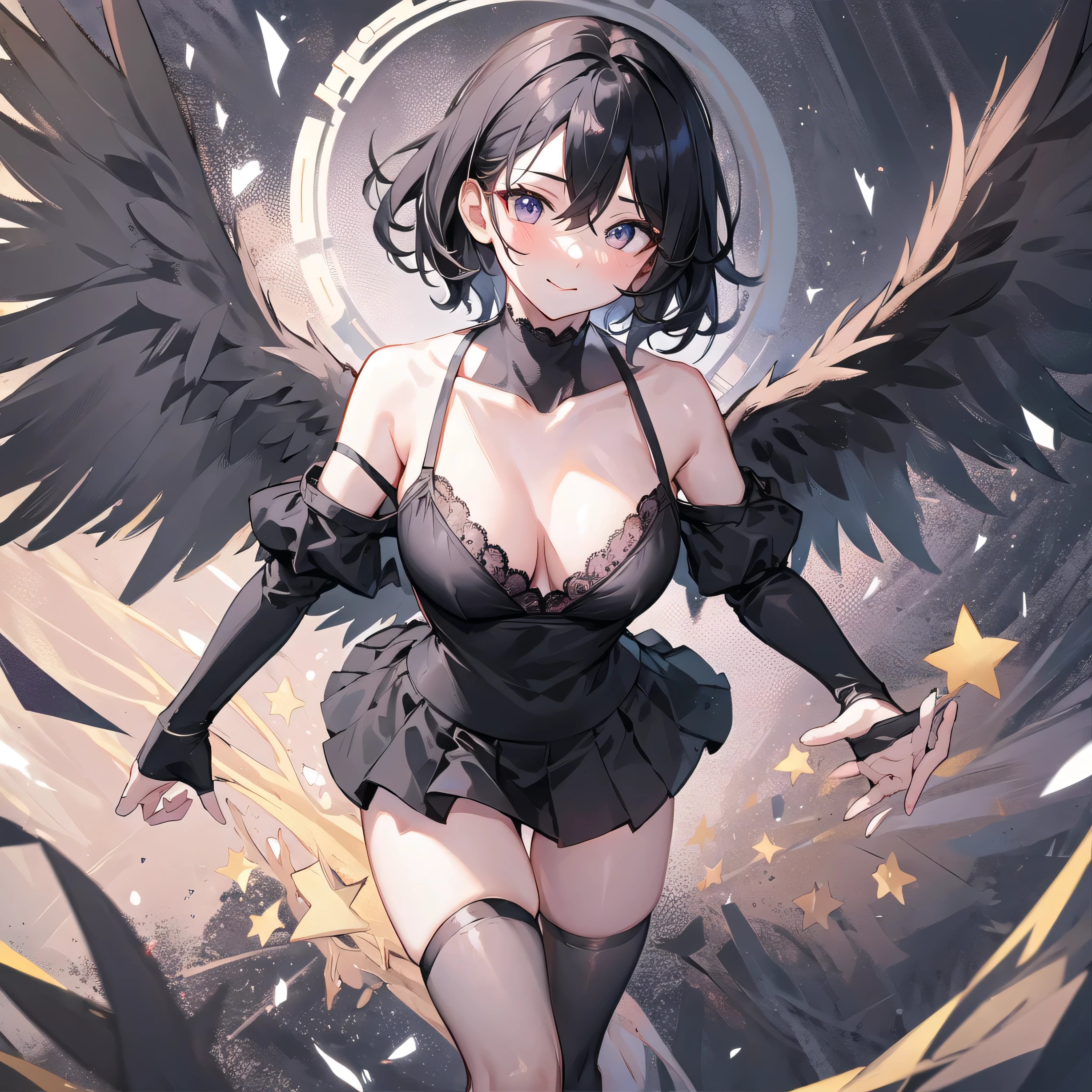 (1 seraphim girl standing on peak of frozen snowy mountain) higher than overcast, blowing frozen wind, (solo), swinging back, multiple wings, (she has 12 wings on her back), (6 white wings:1.5) and (6 black wings:1.5), BREAK, (wearing nothing without a lace trimmed sheer short black chemise:1.8), (black plunging neckline), too short black skirt flapping by wind, stiletto heels, BREAK, (black short hair:1.3), sidelocks, black eyes, collarbone, (bouncing large breasts), cleavage, inconceivably narrow waist, (bared skinny arms), (bared skinny long legs), thigh gap, tiptoe, BREAK, , nose blush, smile for viewer, open mouth, orgasm, BREAK, full body, (extremely detailed CG unity 8k wallpaper), (beautiful detailed), (ultra high resolution), (masterpiece:1.2), (best quality), (beautiful illustration)