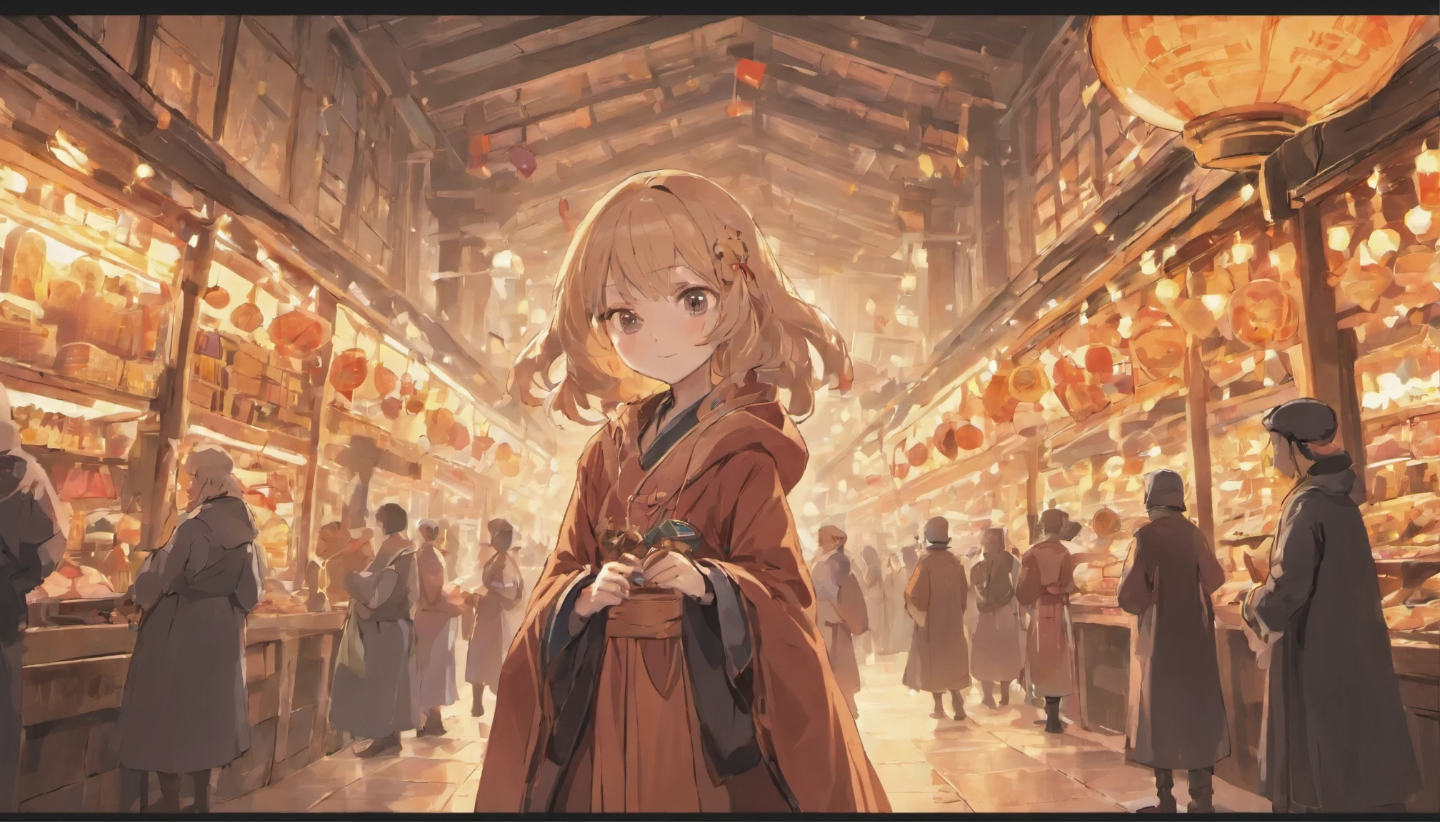 Cute female merchant selling magical items in a busy market,fantasy world,wearing a robe,Many products on display,masterpiece,Softline