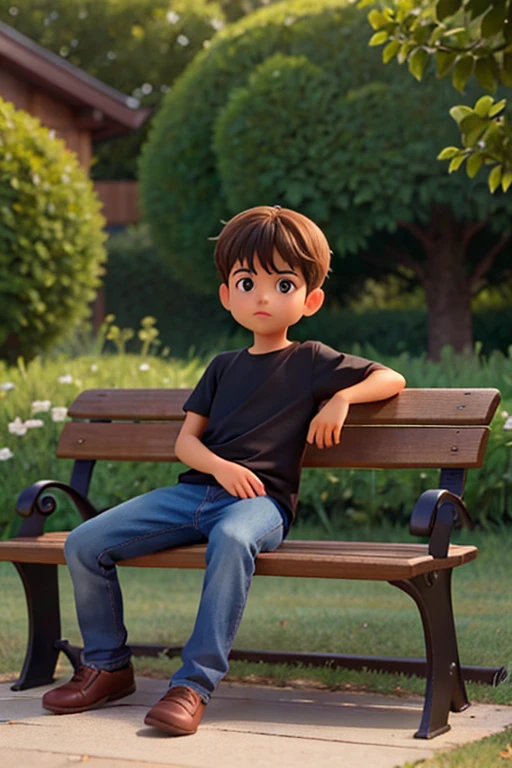 A imagem mostra um sentado em um banco de madeira, which is located near a fence. The boy is wearing a black shirt and appears to be looking at the camera. The bench is positioned in the middle of the scene, com a cerca estendendo-se para os lados esquerdo e direito da imagem. The boy's posture and the presence of the bench suggest that this could be a park or a similar outdoor environment.Gere essa imagem no estilo de anima