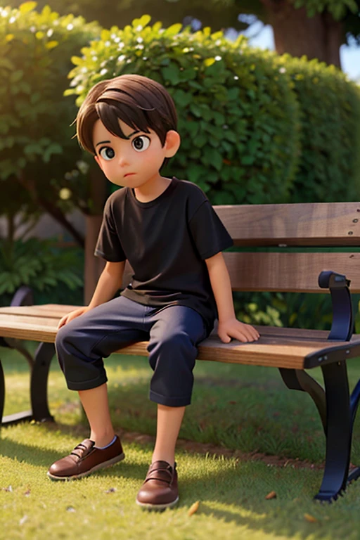 A imagem mostra um sentado em um banco de madeira, which is located near a fence. The boy is wearing a black shirt and appears to be looking at the camera. The bench is positioned in the middle of the scene, com a cerca estendendo-se para os lados esquerdo e direito da imagem. The boy's posture and the presence of the bench suggest that this could be a park or a similar outdoor environment.Gere essa imagem no estilo de anima