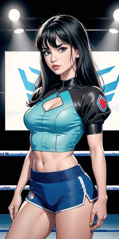 obra de arte, ultra high quality cg, Melhor qualidade, foto perfeita, Sozinho, 1 mulher, she is magic (cabelo loiro longo com franja, olhos azuis, forte), pose de combate, vestindo uma roupa sexy de boxe, shorts e top, umbigo para mostrar, ombros para mostrar, in a fighting stadium, profundidade de campo, Fundo altamente detalhado, corpo oleado, luzes perfeitas,  HDR, 8k nua sem roupas