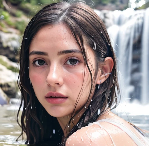 Symmetrical, High Detail RAW Color Photo Professional Photo, [:( High Detail Face: 1.2): 0.1], (lora:DJ PH), Double braids, pores, real skin, breast focus, straight up, an 21 year old woman under a waterfall, body in contact with water and ripples around, clear clean water, shining eyes, looking at the audience, wet clothes, transparent clothes, wet body, wet hair, Tyndall effect, lens flare, shadow,, bloom, natural lighting, hard focus, film grain, photographed with a Sony a9 II Mirrorless Camera, by Laurence Demaison